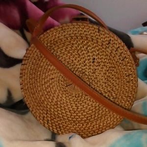 Brown Round Bamboo and Ate Grass Shoulder Bag, "Brown Wheel